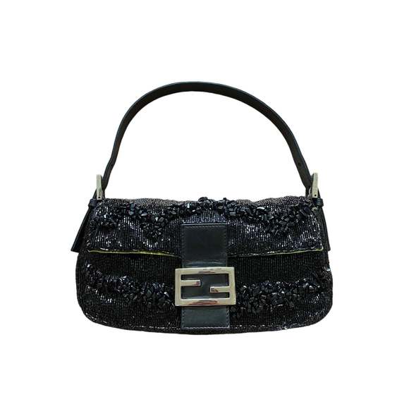 Fendi Baguette Black Beaded Shoulder Bag with Stones in Wave Pattern - Picture 4 of 16